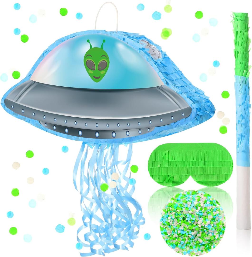 Janlaugh Alien Pinata with Bat Stick Blindfold and Confetti, Spacecraft Piata Party Decoration Spaceship Themed Halloween Birthday Party Favor Supplies (Alien)