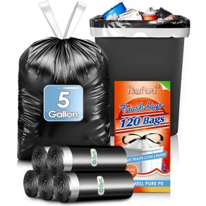 5 Gallon (fit 18-20L)120 Counts Strong Drawstring Trash Bags, Small Plastic Garbage Bags Trash Can Liner for Home Office Kitchen Bathroom Bedroom, Black Waste Basket Liners