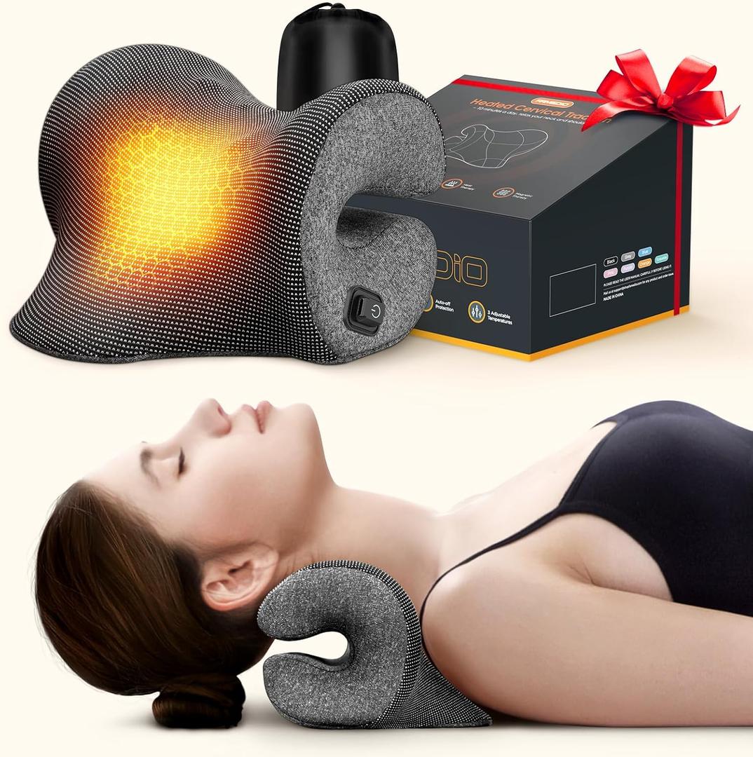 Deep Heated Neck Stretcher with Graphene Heating Pad, Odorless Neck Cloud Cervical Traction Device for Pain Relief, Chiropractic Pillow for Neck & Shoulder Comfort, Gift for Women, Men (Gray)
