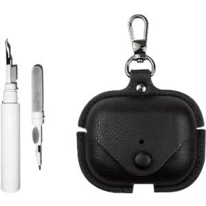 [3 in 1] TSVSXS Leather Case Compatible with AirPods Pro 3 with Keychain and Cleaning Kit, Soft PU Shockproof Cover Features Front LED Visibility for Women Man (Black)