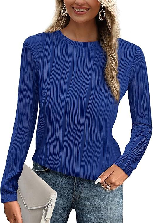 PRETTYGARDEN Long Sleeve Tops for Women Spring Fall Trendy Business Dressy Casual Shirts Crewneck Textured Blouse Clothes, Blue Small