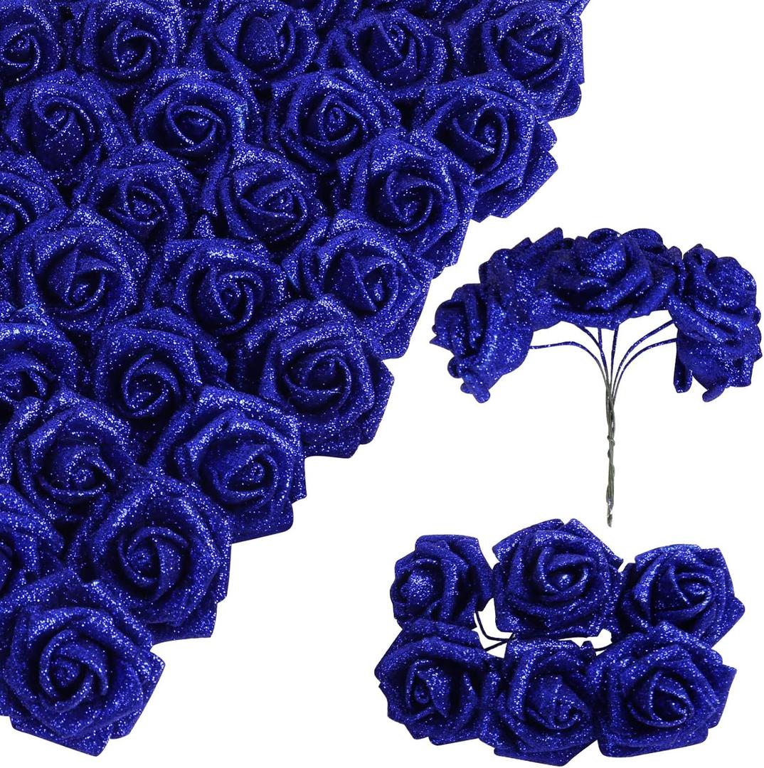 Glitter Flowers, 60pcs Royal Blue Roses 1.57in Artificial Foam Roses With Stems for DIY Wedding Home Party Decoration