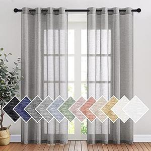 NICETOWN Sheer Curtains Flax Texture for Bedroom, Vintage Grommet Top Linen Textured Semitransparent Privacy Window Treatment Light Filter for Living Room, 52" W x 84" L, Set of 2, Charcoal Grey