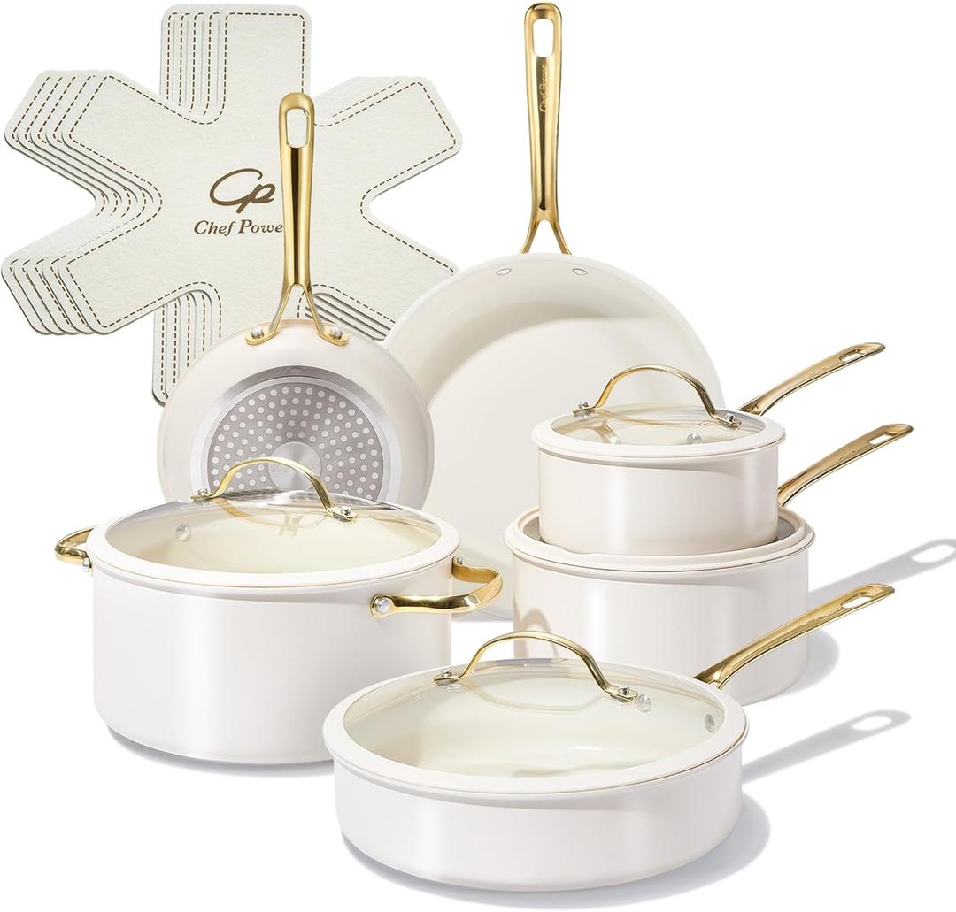 Chef Power Ceramic Cookware Sets, 15Pcs Pots and Pans Set Non Stick, Cookware Set with Stainless Steel Handle, Dishwasher & Oven Safe, Cream White and Light Gold Handle