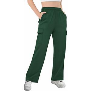 Girls Kids Cargo Sweatpants Wide Straight Leg Jogger Pants 5-14 Years, Green