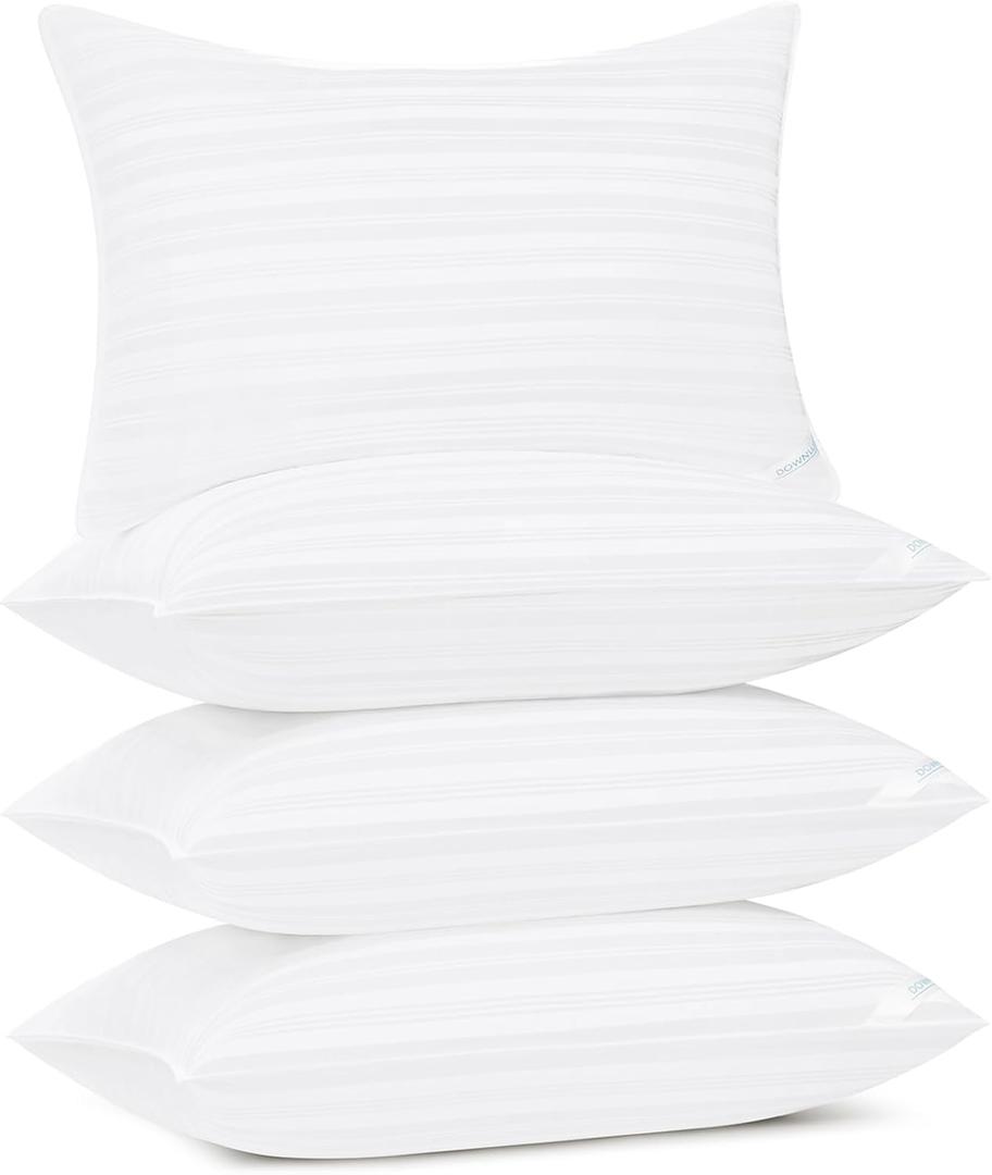 downluxe Queen Size Pillows Set of 4  Premium Down Alternative Bed Pillows for Back, Side & Stomach Sleepers, White (Horizontal Stripes)