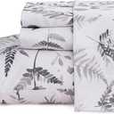 JSD Boho Floral Sheet Set Full Size, 4 Piece Grey Herbs Ferns Printed Microfiber Bed Sheets Deep Pocket (Grey White Patterns)