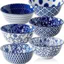 Ceramic Soup Bowls Set - 24 Oz Deep Cereal Bowl for Kitchen - 6 Inch Large Porcelain Dinner Bowl Eating Salad Pasta Dessert Oatmeal - Microwave Dishwasher Safe - Set of 6 - Vintage Blue