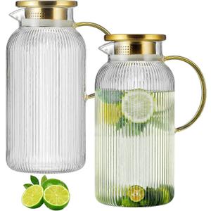 2 PACK Glass Pitcher with Lid, 84oz/2.5L Liter Classic Vertical Stripes Water Pitcher,Glass Water Carafe for Cold Brew, Coffee, Lemonade, Iced Tea,Sun Tea, Beverage, Heat Resistant (Clear)