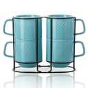 Adewnest Stackable Coffee Mugs with Rack: 13 oz Stacking Ceramic Cups with Stand - Porcelain Stacked Tea Mug Set of 3 (Turquoise)