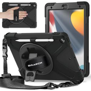 BRAECNstock Case for Apple iPad 9th/ 8th/ 7th Generation 10.2" 2021/2020/2019, Shockproof Protective iPad 10.2 inch Case Kids with Screen Protector, Pencil Holder, Rotating Hand Strap & Stand, Black