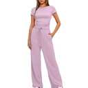 Women's 2 Piece Lounge Set Ruched Short Sleeve Tops High Waisted Wide Leg Pants (Pink , Small)