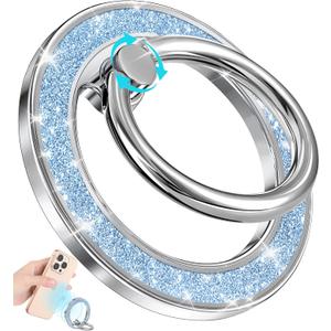 Phone Ring Holder Compatible with MagSafe - Magnetic Cell Phone Grip for Women Cute Magnet Removable Finger Ring Grip Stand Glitter Sparkle for iPhone 16 15 14 13 Pro Max Plus, Blue