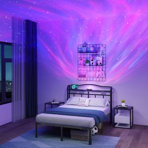 Full Size Metal Bed Frame - 14 Inch Heavy Duty Bedframe with Headboard & Charging Station Basic Steel Slats Platform with Galaxy Aurora Projector No Box Spring Needed (Full)