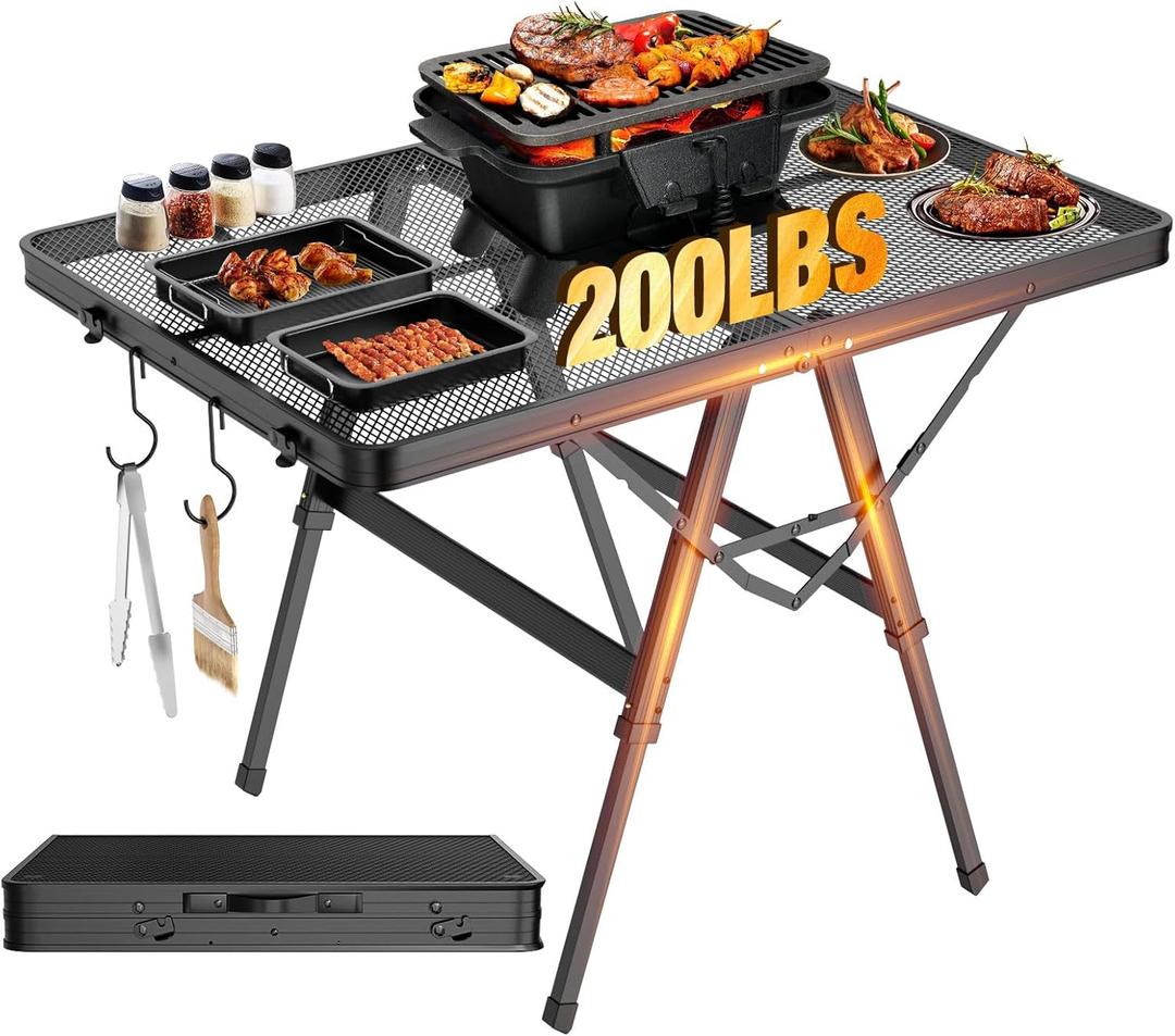 Foldable Grill Table with Mesh Desktop, 200lbs 3Ft Portable Folding Table, Height Adjustable Metal Table for Ourdoor, Camping, Picnic, BBQ and Beach, RV, 35.4" L x 23.6" W