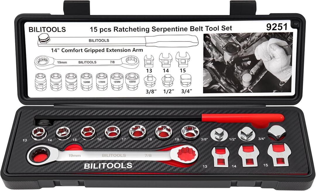 BILITOOLS 15-Piece Universal Serpentine Belt Tool Set,Belt Tensioner Tool Kit with Ratcheting Wrench, Crowfoot Wrenches, Socket Adapters.19 mm and 7/8'' ratchet drive.
