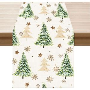 Christmas Trees Little Stars Snowflakes Winter Xmas Cloth Table Runner Burlap Table Decoration for Home Kitchen Dining Dinner Indoor Holiday Farmhouse Decor 13x36 Inch