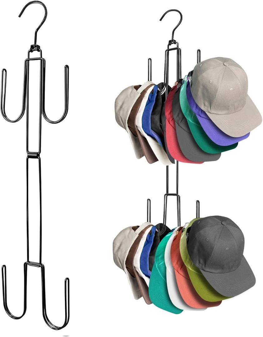 3 x Hat Organizer for Closet, Collapsible Metal Cap Rack with Rotating Hooks, Up to 40 Baseball Caps Holders for Display and Storage, Space Saving Hat Hanger for Closet Organizers and Storage, Black