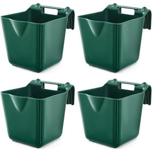 4 Pack 15 Quart Horse Feeders for Stall Hook Over Hanging Fence Hay Feeder Mountable Livestock Plastic Feed Bucket for Farm Stalls Pasture, Stable to Feed Horses Sheep Cattle Cows Etc(Green)