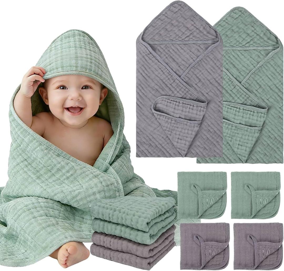 Flasoo 6 Pcs Muslin Hooded Baby Bath Towels Sets - 2 Pack 100% Cotton Baby Towel & 4 Pack Muslin Washclothes- 32x32Inch Baby Towels Cotton for Babies, Infants, Toddlers, 100% Cotton, Bath Essentials