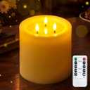Yeelida 3-Wick 6"x6" Extra Large Real Wax Flameless Pillar Candles with Remote Control and Timer Function, Candle Grease Ivory Battery Operated LED Flickering 3D-Wick (Long Lasting, Warm Fire)