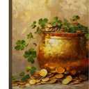 VKYN St Patricks Day Lucky Pot of Gold Wall Art Canvas Print, Gold Coins and Shamrock Painting, Framed Poster Artwork for Home Farmhouse Wall Decor 8x10 Inch
