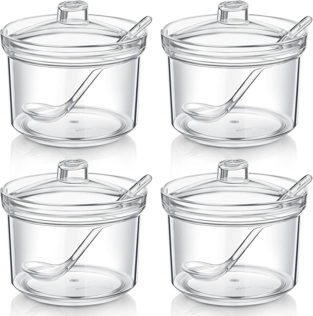 Patelai 4 Pieces Sugar Bowl Acrylic Clear Sugar Bowl with Lid and Salt Spoon Storage Jar with Airtight Lid for Salt, Tea, Spices, Herbs, Condiments(13 oz)