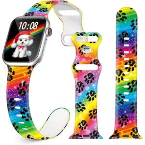 Christmas Fall Halloween Watch Band for Apple Watch, Silicone Holiday Hello Autumn Printed Strap Replacement for iWatch 1 2 3 4 5 6 7 8 9 10 Ultra 38mm 40mm 41mm 42mm 44mm 45mm 46mm 49mm, Thanksgiving gift for women men (Rainbow Dog Paw)