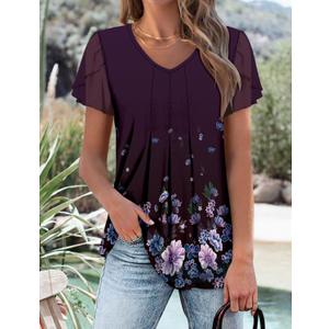 Womens Butterfly Short Sleeve Tops Casual Crew Neck Double Layer Pleated Tunic Loose Fit Tshirts Basic Summer Tops Blouses (Small, Y-purple Flower)