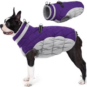 AOFITEE Dog Coat, Warm Dog Jacket, Reflective Winter Coats for Medium Dogs, Turtleneck Dogs Winter Jacket with Harness Built in, Waterproof Windproof Pet Fleece Vest Puffer Jacket, Purple M