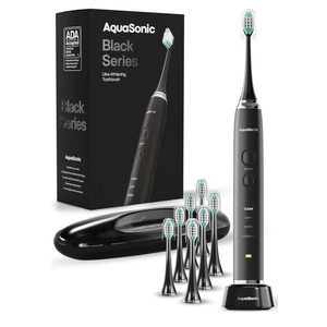 Aquasonic Black Series Ultra Whitening Toothbrush – ADA Accepted Electric Toothbrush 8 Brush Heads & Travel Case – 40,000 VPM Electric Motor & Wireless Charging  4 Modes w Smart Timer