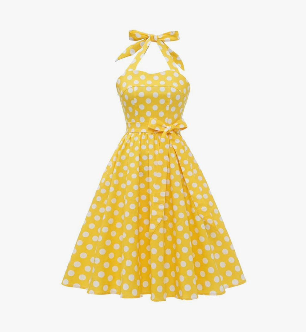 Women 50s Vintage Polka Dot Halter Cocktail Swing Dress Buttons Floral 1950s Rockabilly Audrey Hepburn Prom Tea Party Dress M