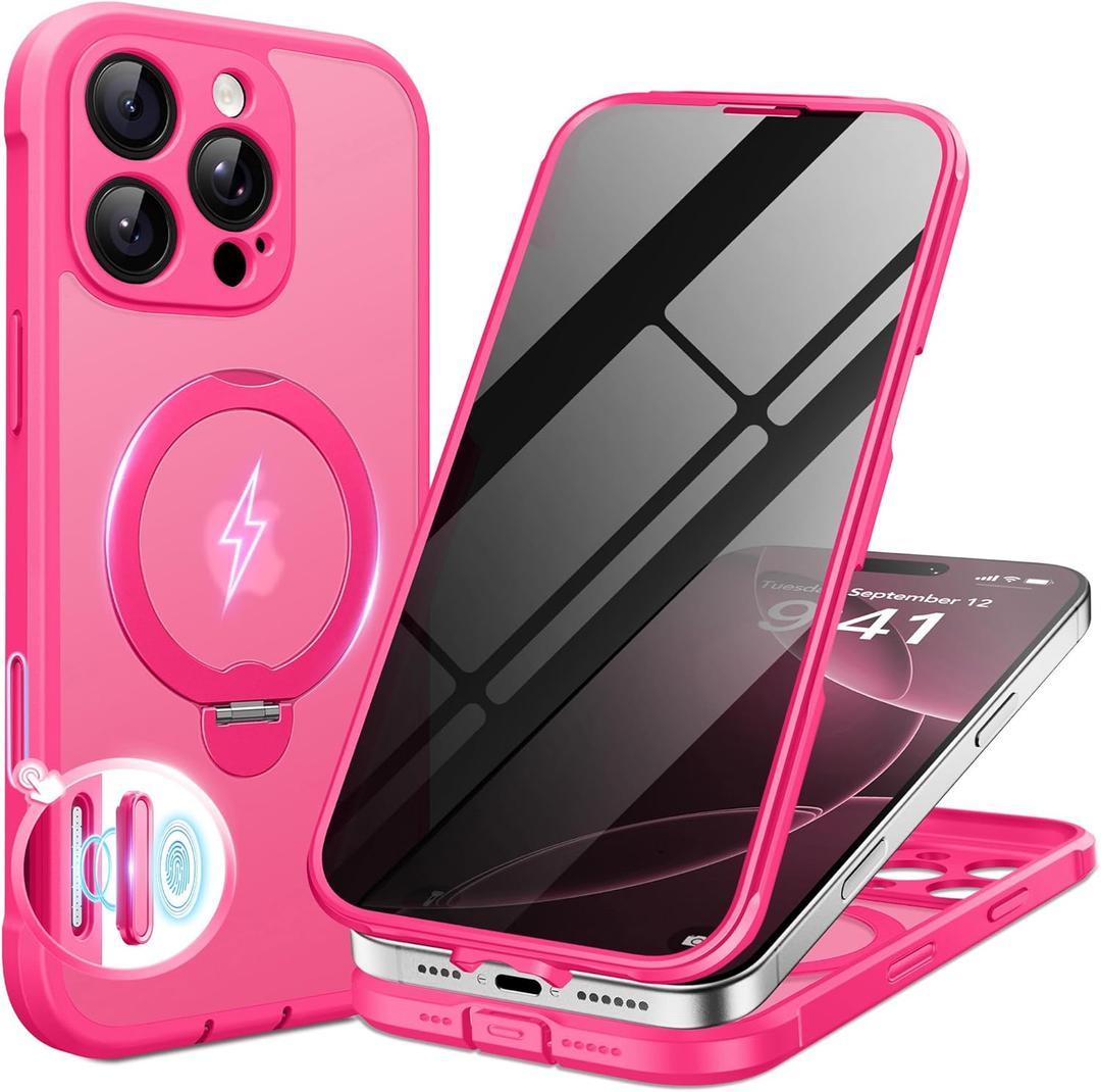 BERFY for iPhone 16 Pro Case, Compatible with MagSafe, Built-in Privacy Screen Protector and 360 Spin Magnetic Stand, Anti-Spy Full Body Shockproof Phone Case for 16 Pro 6.3", Matte Hot Pink