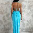 SISKIN Backless Beach Dress Deep V Neck Cut Out Seashell Decor Dresses Women Sexy Long Dress for Party Vacation (Blue, L)