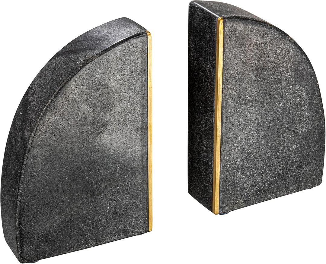 Boho Arched Semicircle Marble Bookends with Brass Detail, Set of 2, Black
