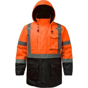 Reflective Jacket, High Visibility Parka, Waterproof Hi Vis, Safety Jacket with Removable Hood and Zipper, ANSI Class 3 (Orange,2XL)