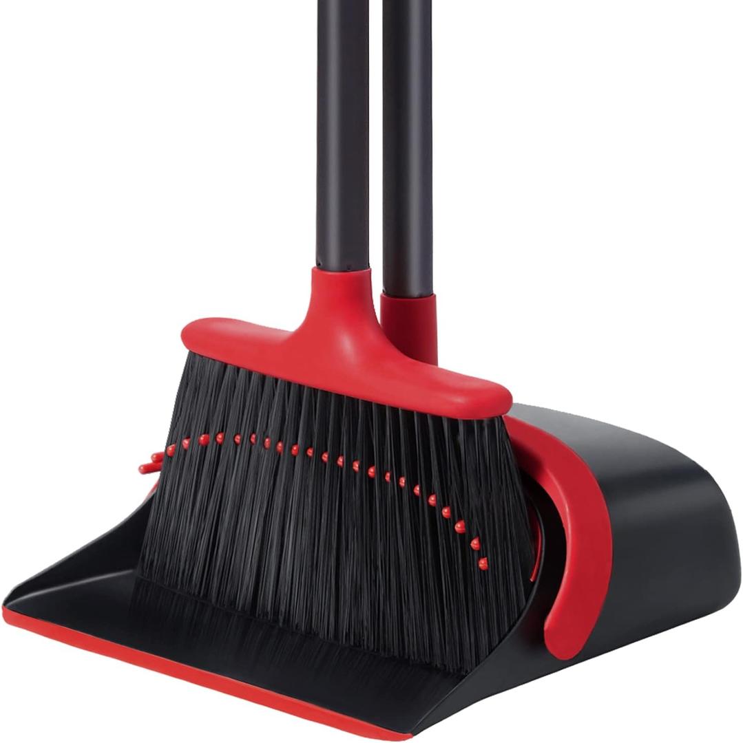 Broom and Dustpan Set for Home, Upgraded 52 Long Handle Broom with Dustpan Combo Set, Stand Up Dust Pan with Built-in Teeth and Brooms for Office Home Kitchen Lobby Floor, Clean Dog Cat Pets Hair (New Red)