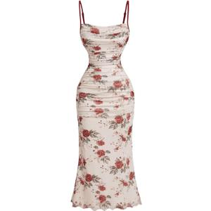 Verdusa Women's Floral Mesh Ruched Sleeveless Cami Dress Fishtail Bodycon Long Dresses (M)