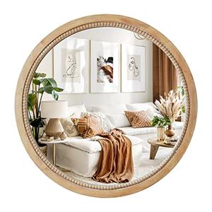 sawsile Round Wood Mirror,28 inch Circle Rustic Farmhouse Natural Wooden Frame Boho Beads Wall Mirror for Bathroom,Living Room,Bedroom or Entryway