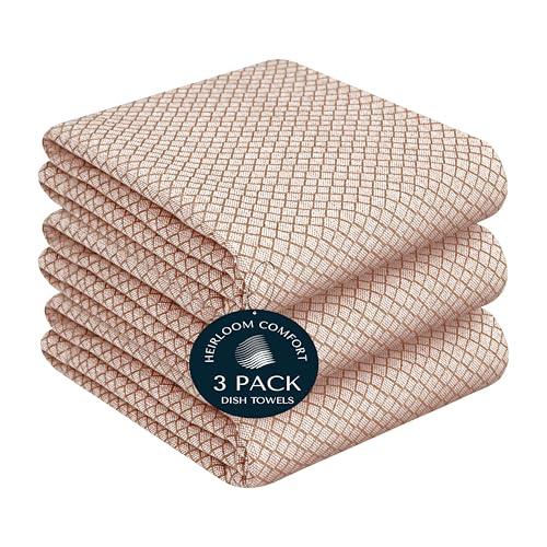 HEIRLOOM COMFORT Brown Honeycomb Kitchen Towels 3 Pack, 16x26 Inch, 100% Cotton, Quick Dry, Soft, Absorbent, Reusable & Washable Dish Towels for Drying Dishes, Cleaning, and Everyday Use