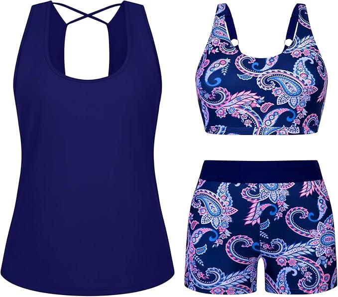 Arolina 3 Piece Swimsuits for Women Tankini Sets Modest Bathing Suits Plus Size Swimsuit Swimwear 2026, Dark Blue Paisley, Medium