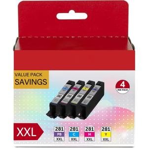CLI-281XXL Printer Ink Cyan Magenta Yellow Photo Blue Replacement for Canon 281 Ink cartridges Combo Pack for Canon TR7520 TR8520 TR8600 TS6320 TR8622a TS6120 TS6220 TS8120 TS8220 TS9120C/M/Y/PB (4PK)