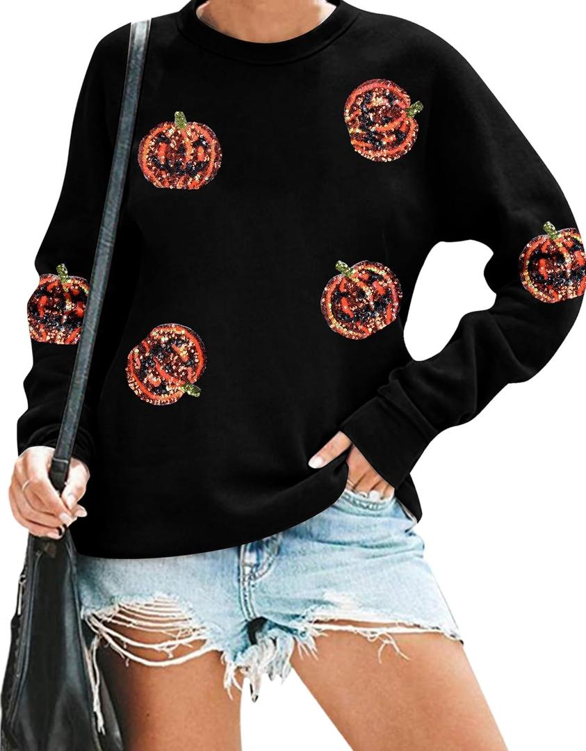VILOVE Halloween Pumpkin Sequin Sweatshirt Women: Pumpkin Face Long Sleeve Tops Fall Hoodie Party Pullover (Pink, XL)