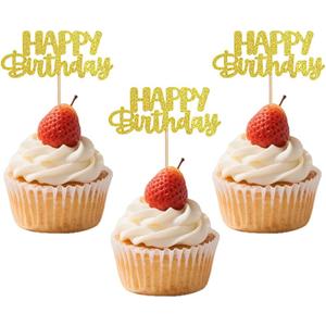 2 x Happy Birthday Cupcake Toppers, Glitter Pink, 12 Pieces, 2.95 x 4.33 inches, Cake Decorations (12, Golden -12 pack)