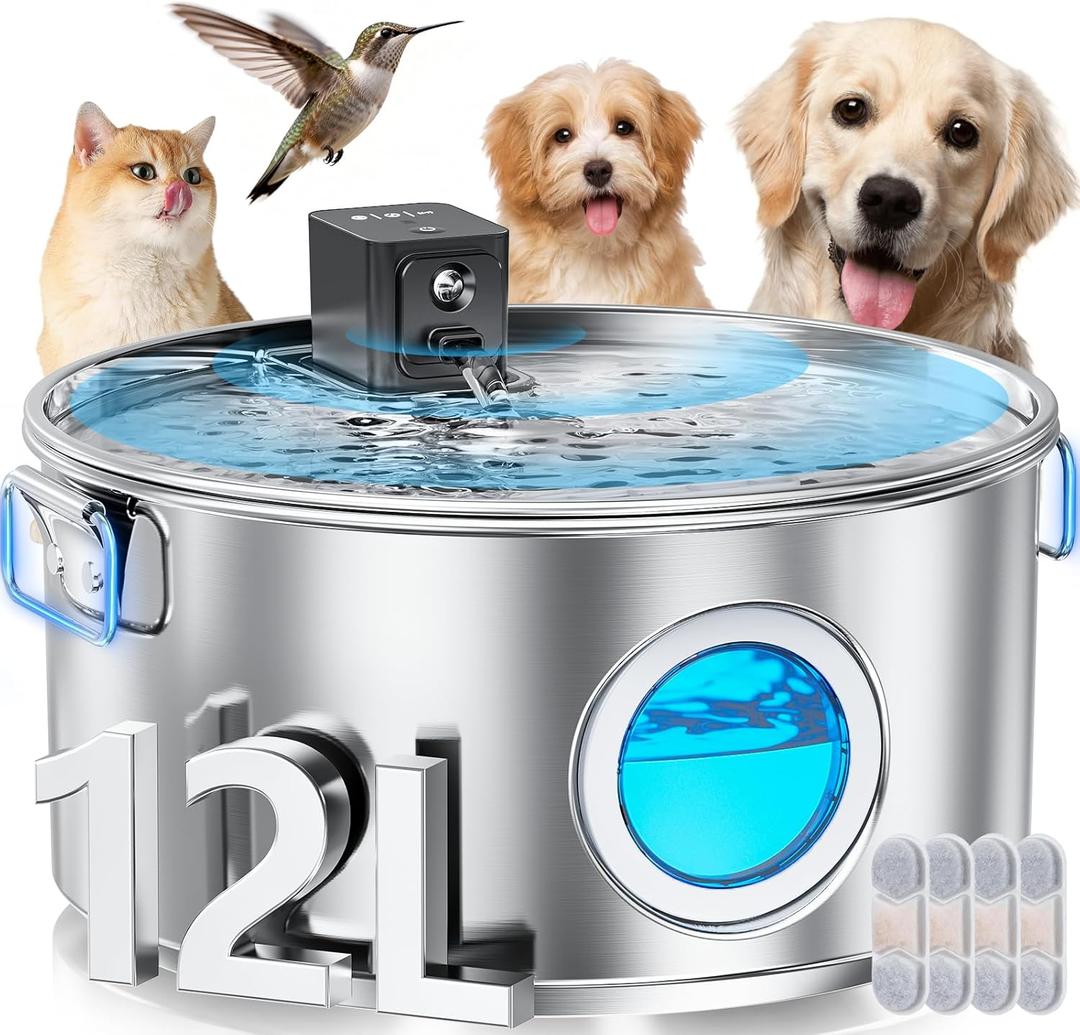 3.4Gal Wireless Automatic Dog Water Fountain for Large Dogs12L Stainless Steel 3 Modes Dog Fountain Water Bowl Dispenser, Multi Large Pet Water Fountain Ultra Quiet & Multi-Filteration