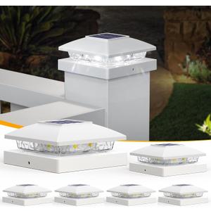 APONUO Solar Post Cap Lights for 4x4 Posts, Bright Cool White LED Post Cap Lights Solar Powered, IP64 Waterproof & All-Night Lighting, White 6 Pack – Deck, Fence, Patio Light (Easy Install)