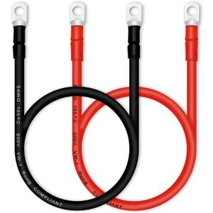 8 AWG Battery Cable With Terminals, 2PCS Copper Cables