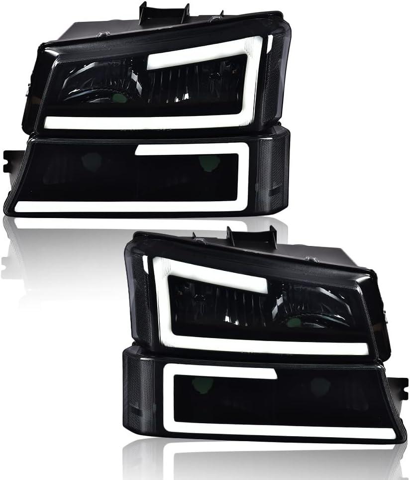 G-PLUS LED DRL Headlights, Compatible with 2003 2004 2005 2006 Chevy SIlverado/Avalanche 1500 2500 Bumper Headlamps, Smoky Lens Black Housing Clear Reflector,faros delanteros