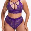 Aranmei Plus Size Lingerie Set for Women High Waisted Bra and Panty Set Sexy Criss-cross Lace Bralette Sets 2 Piece Underwear (L)