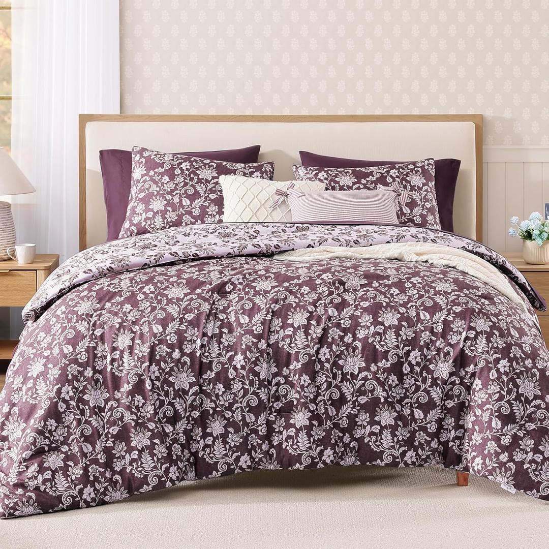 Full Comforter Set -7 Pieces Floral Dark Purple Comforter Set for All Seasons, Bed in a Bag Full with Botanical Flowers Comforter, Sheets, Pillowcases & Shams